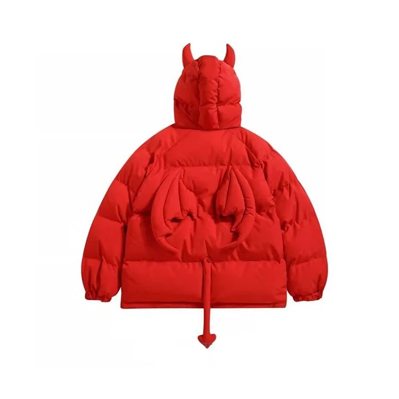 Women Black Gothic Thicken Parkas Jacket Hip Hop Devil Horns Wing Couple Hooded Padded Jacket Streetwear Emo Coat Winter Clothes 3