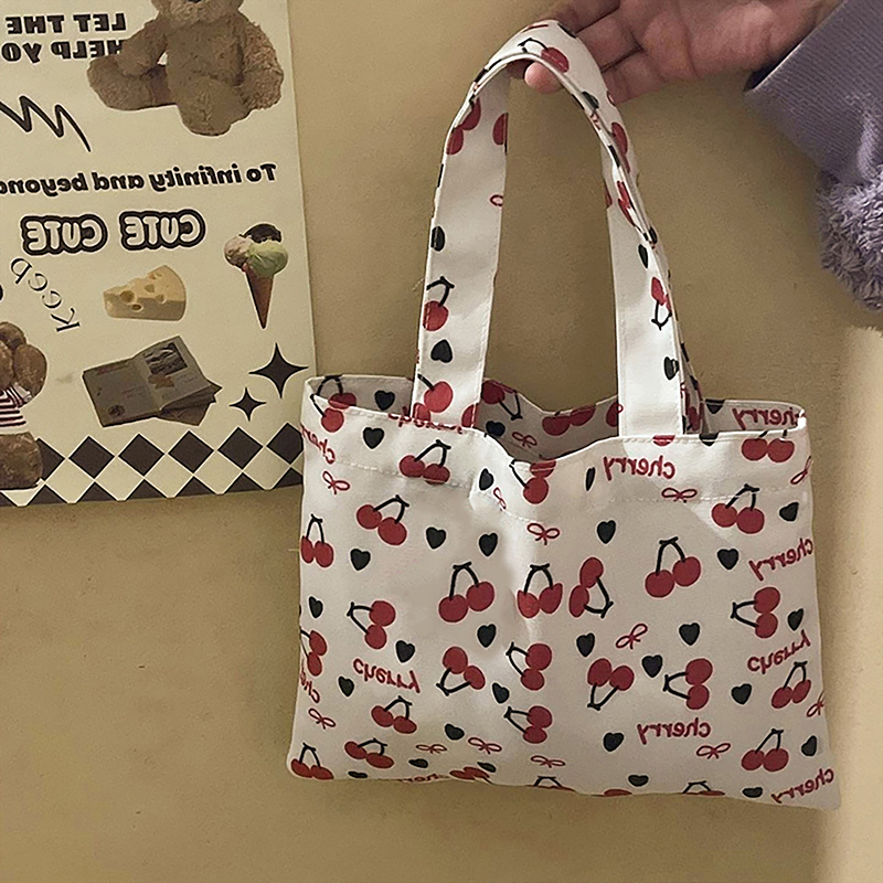 Cute Red Cherry Print Tote Canvas Bag Large Capacity Travel Portable Sundries Storage Bag Girl Sweet Commuter Shoulder Bag Gifts