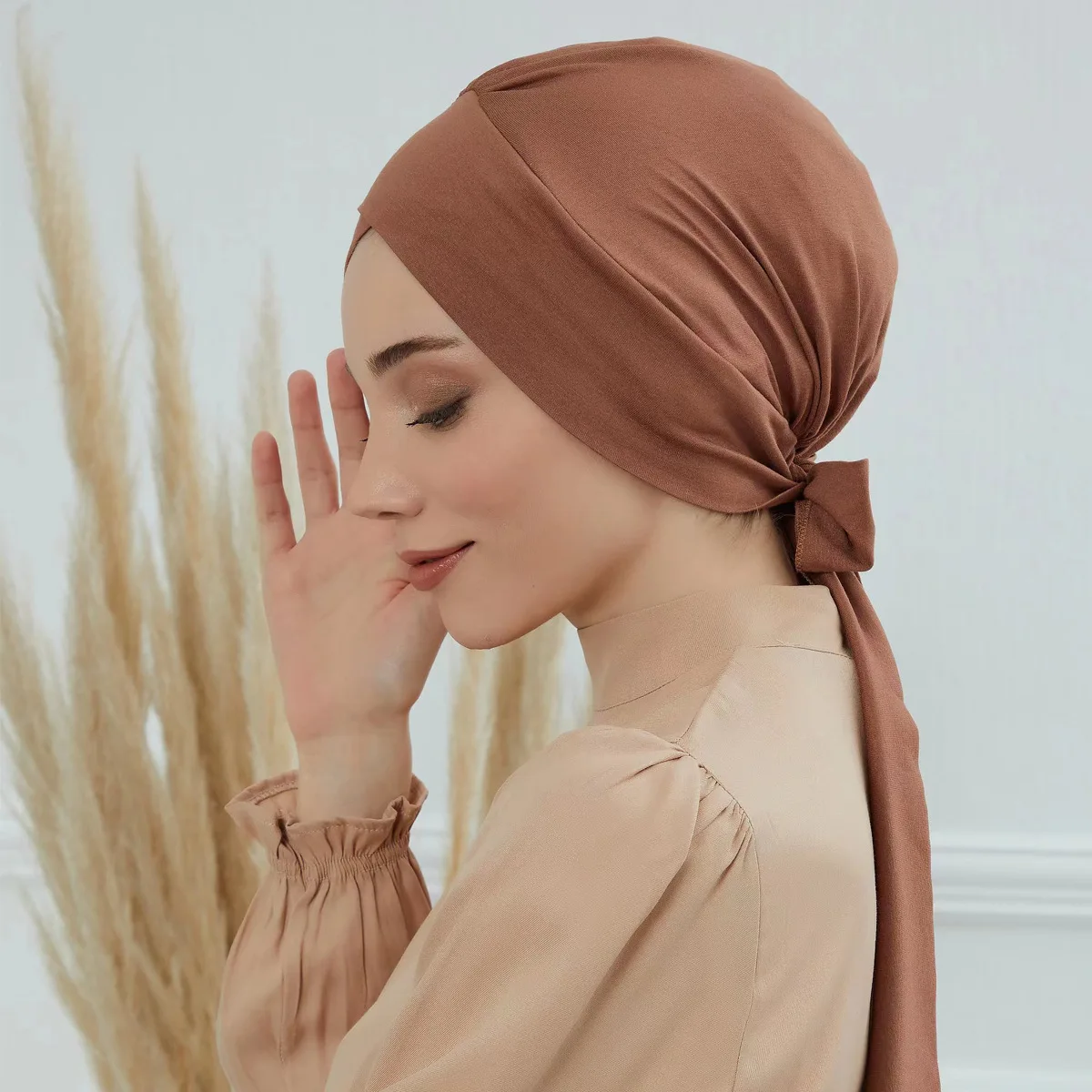 elastic solid colour pre-tied hijab head scarf