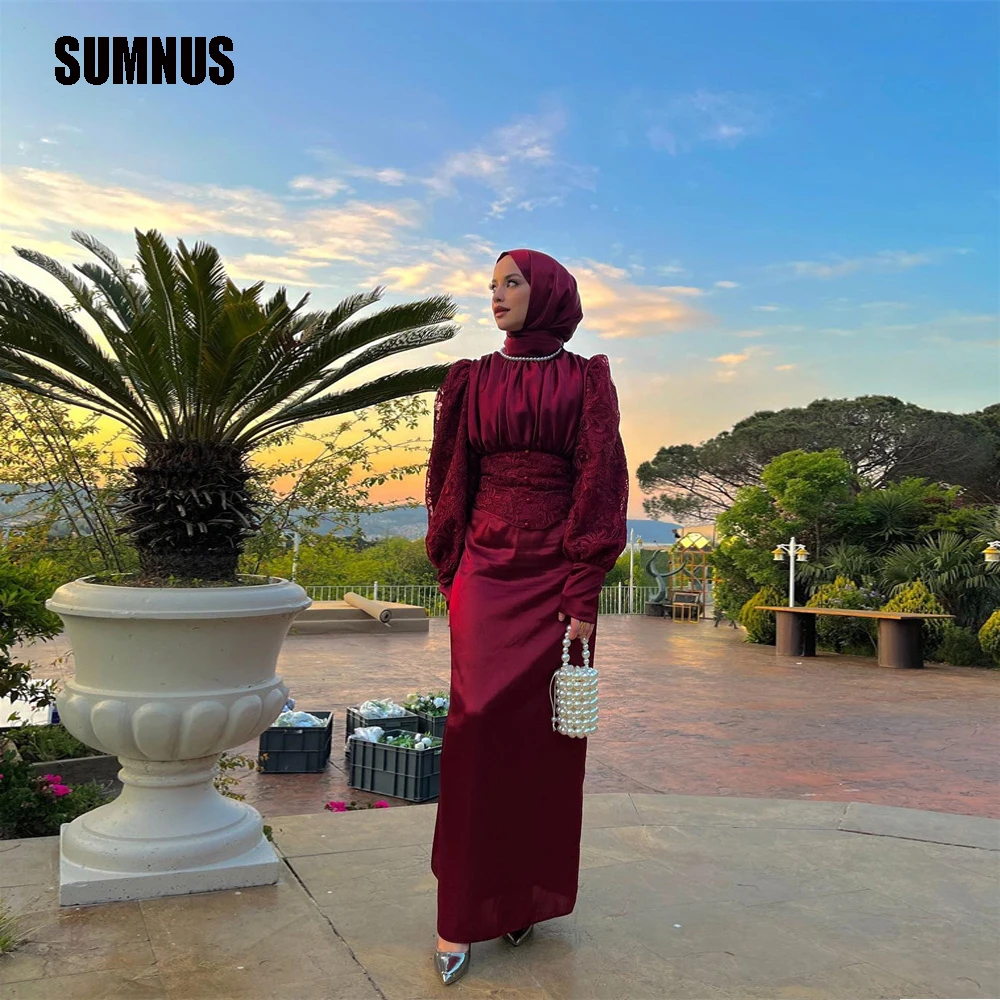 

SUMNUS Wine Red Satin Muslim Evening Dresses Button Lace Saudi Arabic Formal Party Dress Long Sleeve Dubai Prom Gowns With Scarf