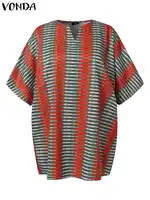 Plus Size VONDA Summer Tops Women 2024 Short Sleeve Printed Bohemian Vintage Blouses Fashion V-Neck Casual Loose Shirts Oversize - Image 5