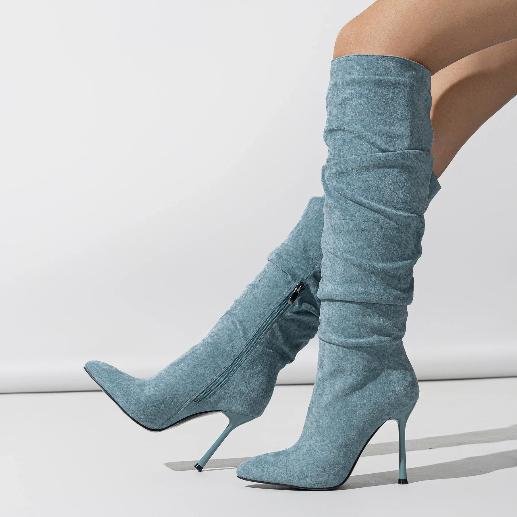 Winter Women's Fashion Pointed Toe Suede Pleated High Heel Zipper High Boots Over the Knee Long Boots Plus Size