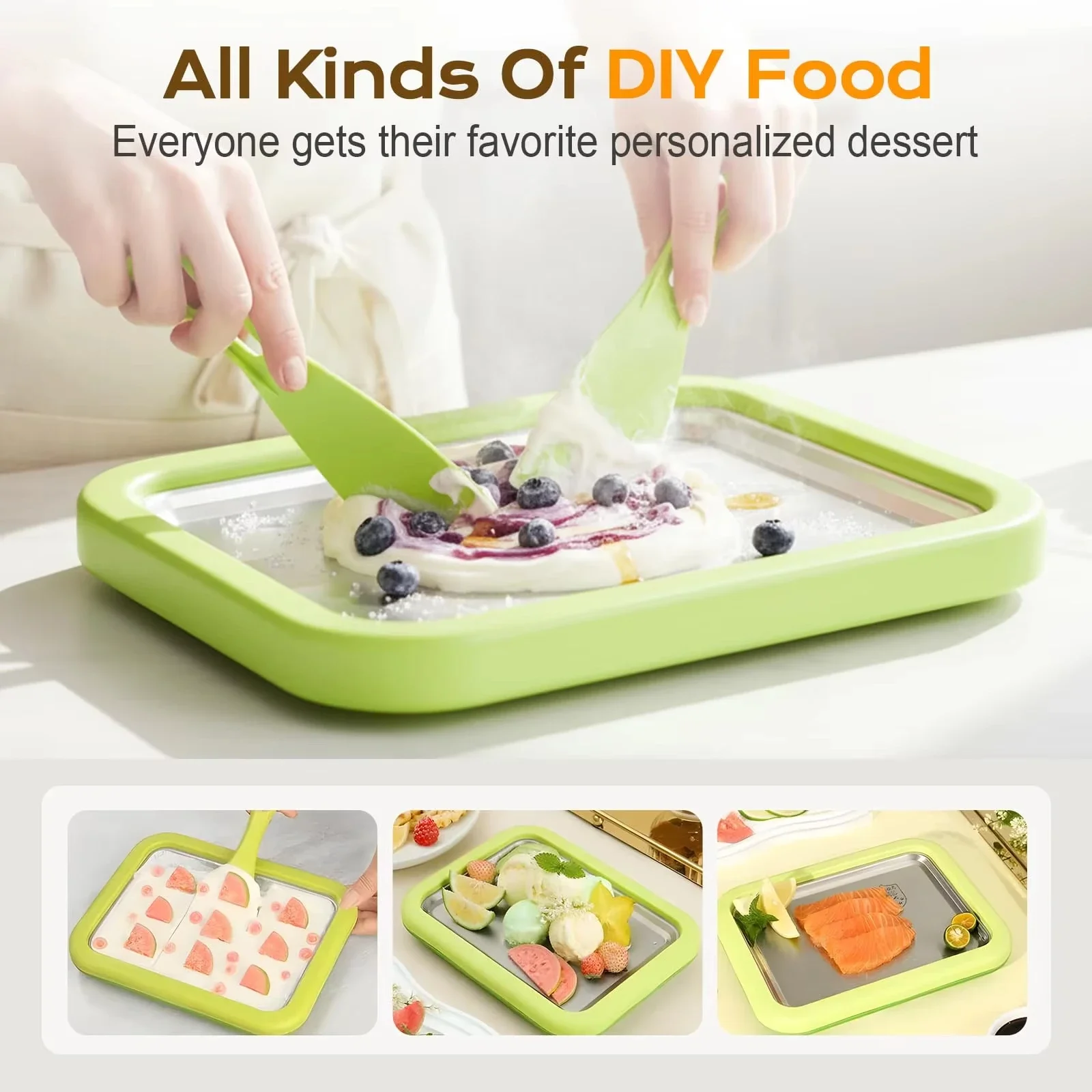 DIY 아이스크림 메이커 요거트 메이커 기계 어린이용 홈메이드 크림 소르베 젤라토, 가정용 롤 아이스크림 메이커 2개의 스패출러 포함