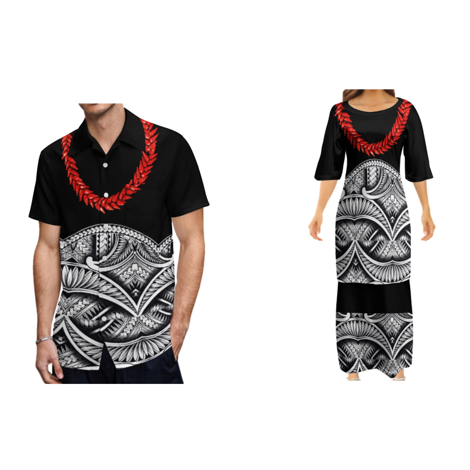 

Polynesian Tribal Floral Tattoo Printed Maxi Dress Custom Samoa Puletasi Set 2 Piece Outfits Sets Mens Shirts