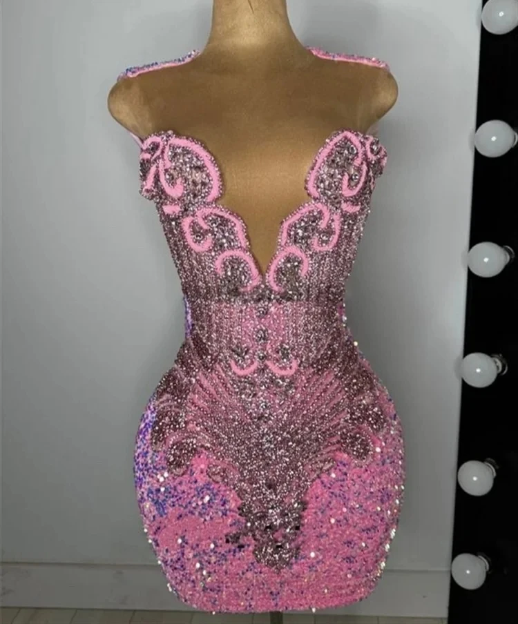 

Блестящие розовые короткие платья для выпускного вечера, черные сексуальные бриллиантовые платья для дня рождения, вышитые бисером африканские Мини коктейльные платья для встречи выпускников