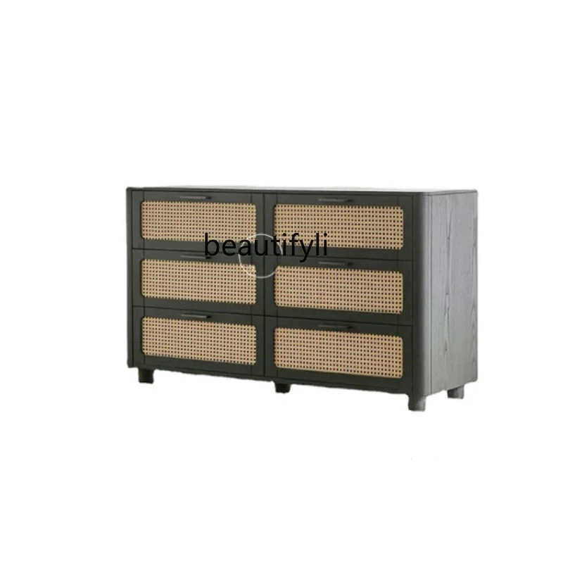 

French Solid Wood Vintage Rattan Storage Small Apartment Home Entrance Drawer Storage Chest of Six Drawers