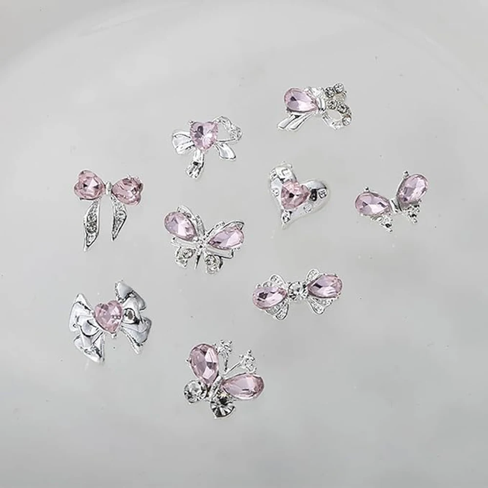 10Pcs Zircon Pink Nail Art Charms 3D Luxury Bow Heart Butterfly Inlaid Pink Diamond Rhinestone Decoration DIY Manicure Parts 6