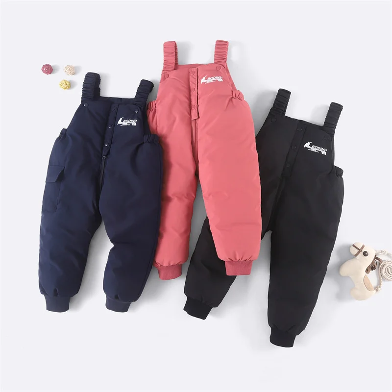 

Winter Boys Thick Cotton Overalls Fleece Warm Down Pants Kids Waterproof Ski Trousers 1-4Y Baby Jumpsuit Girls Fashion Rompers