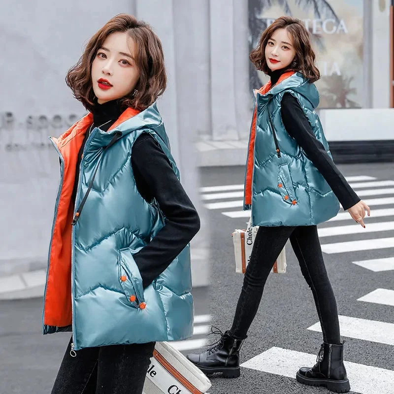 

2023 New Autumn Winter Women's Jacket Hoodie Smooth Cotton Padded Tank Sleeveless Top Loose Thermal Waterproof Outerwear