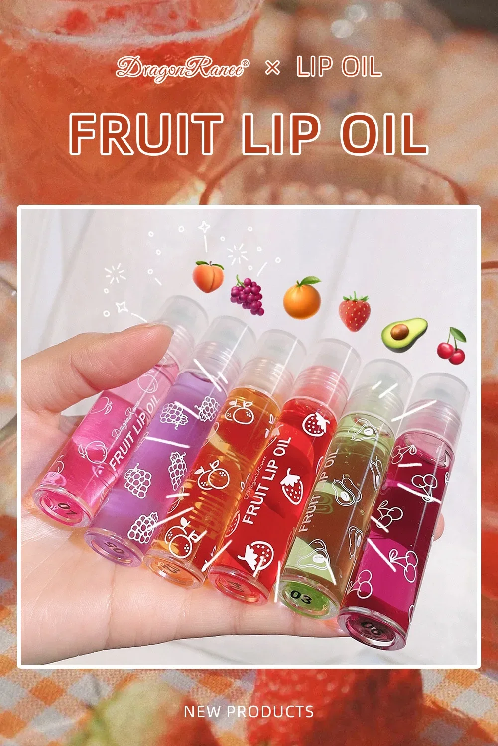 Description Picture 2 of item1PCS Lip Oil Moisturizing Lip Balm Moisturizing Ball Colorless Clear Fruit Avocado Peach Strawberry Grape Cherry Flavor