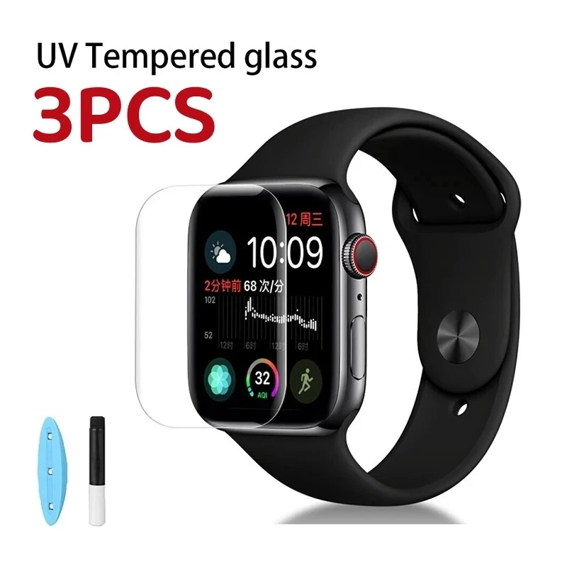 3PCS UV Tempered Glass for Apple Watch 8 7 45MM 41MM 6 5 9 SE 40MM 44MM Screen Protector for IWatch 3 2 1 38MM 42MM Protective