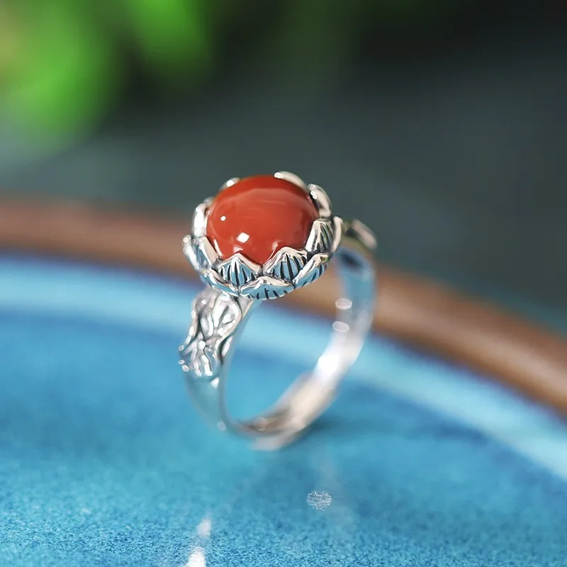

JZ248 ZFSILVER Thai Silver S925 South Red Agate Hetian Jade Jasper Turquoise Lotus Leaf Round Rings Women Wedding Party Jewelry