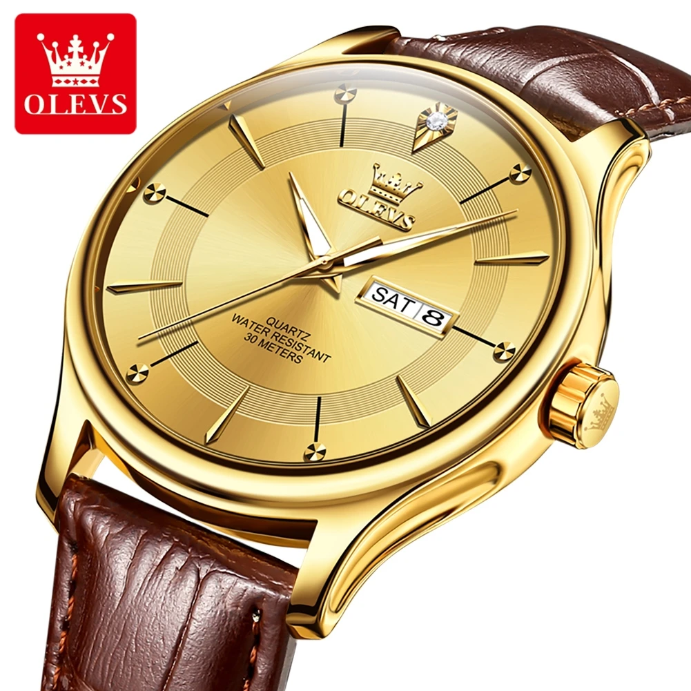 OLEVS zlato hodinky pro muži originální křemen hodinky luxusní elegantní týden datle světelný vodotěsný nerez ocel pánské hodinky trend