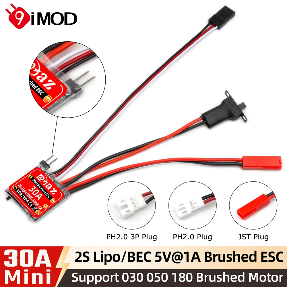 9IMOD RC Brushed ESC 30A Bidirektional mit Drag Brake Schalter MINI Geschwindigkeitsregler für 1/18 1/24 1/32 RC Auto Boot 030 050 180