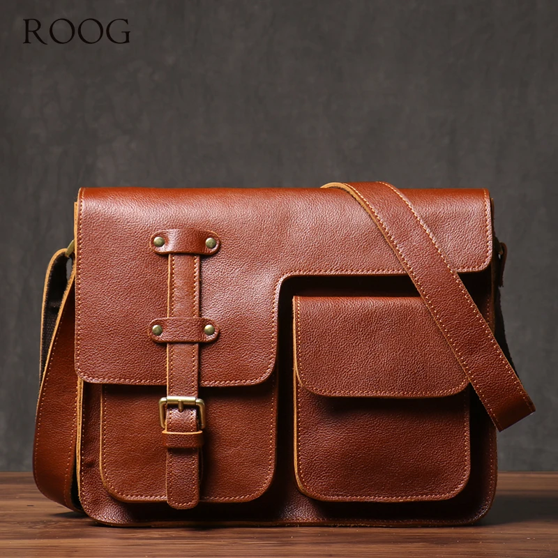 ROOG 남성용 진짜 가죽 숄더 슬링백, 하이 퀄리티 소가죽 크로스바디, 빈티..