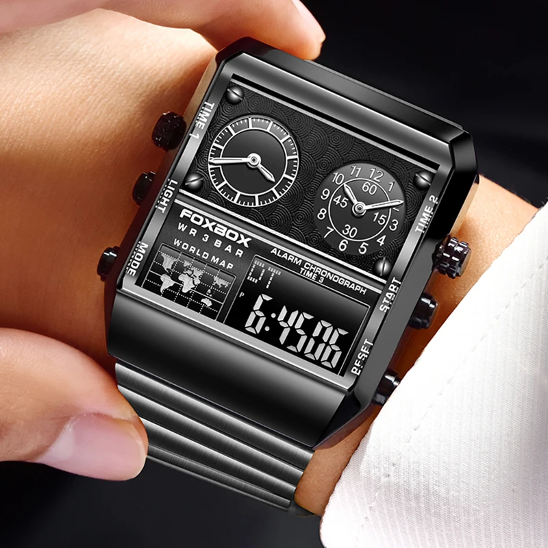 New Original FOXBOX Luxury Square Stainless Steel Men's Digital Wristwatch Fashion Business Waterproof Luminous Watches For Men