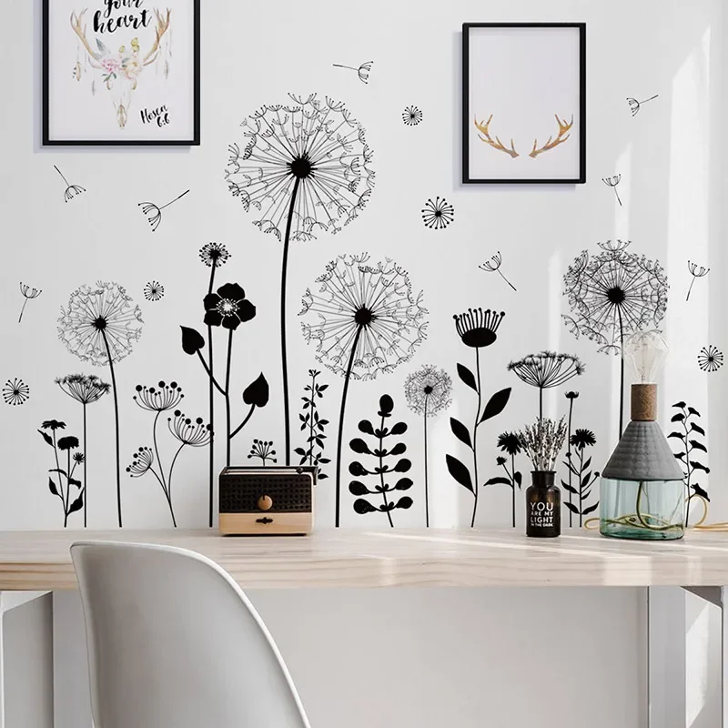 

1PC Black Dandelion Wall Stickers for Bedroom Living room Hallway Wall Decor Self-adhesive Baseboard Sticker For Home Decor