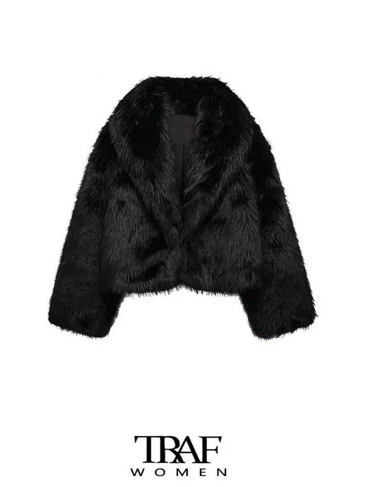 

TRAF-Women's Cropped Faux Fur Open Jacket, Thick Coat, Warm, Long Sleeve, Side Pockets, Female Outerwear, Chic Tops, Fashion