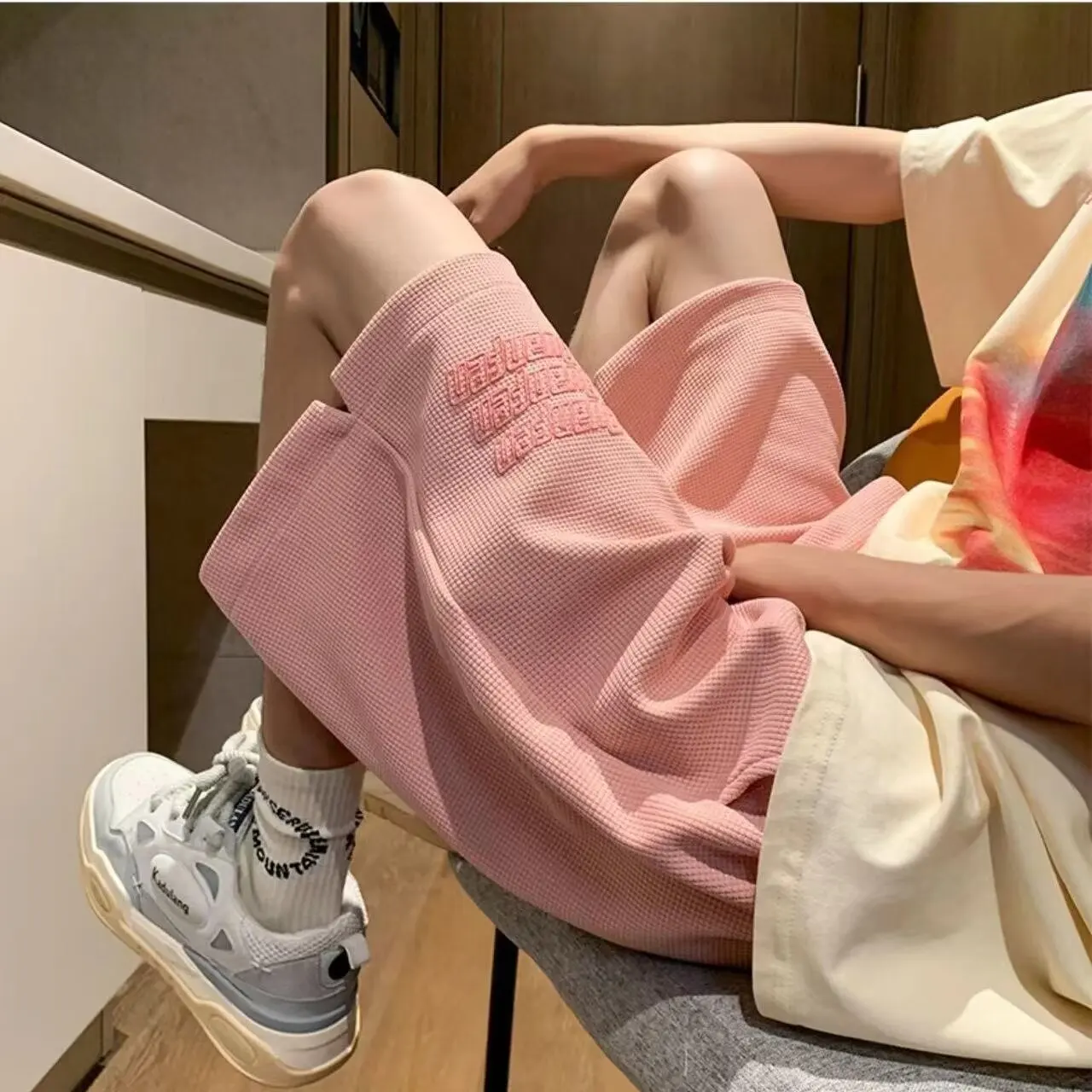 Waffler High Street Fashion Letter Printing Affordable Men Summer Thin Style Loose All-match Preppy Style Elastic Waist Shorts