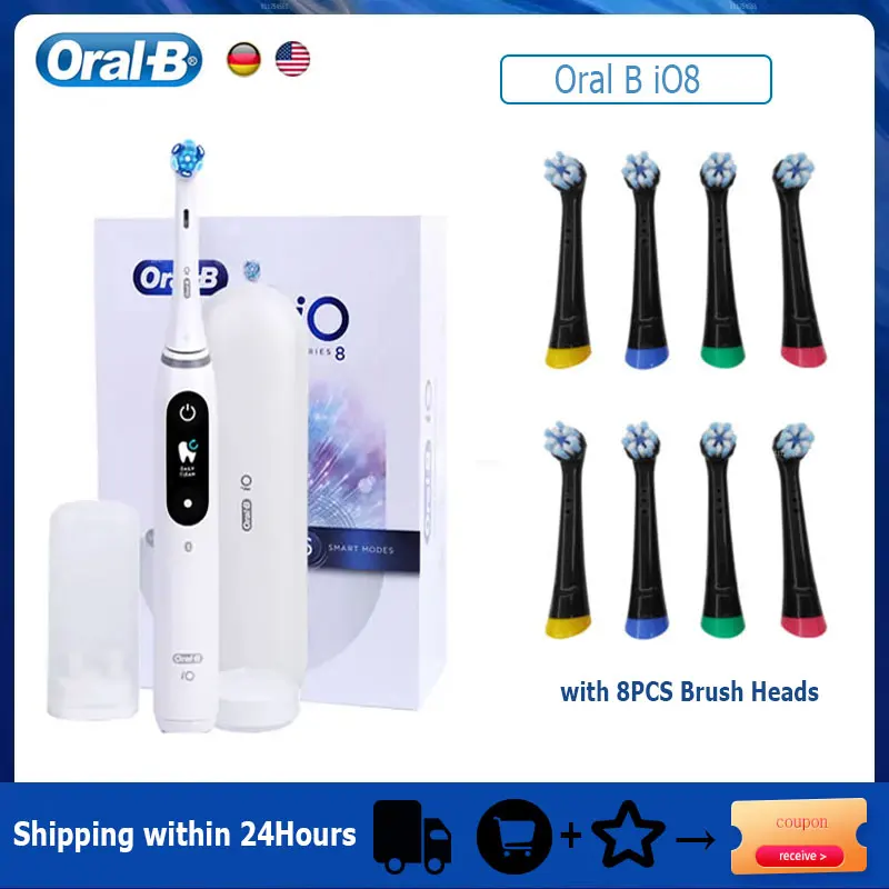 Oral-B iO8 Electric Toothbrush Smart Sonic Tooth Brush 6 Modes with Replacement Brush Heads Travel Case Rechargeable Waterproof