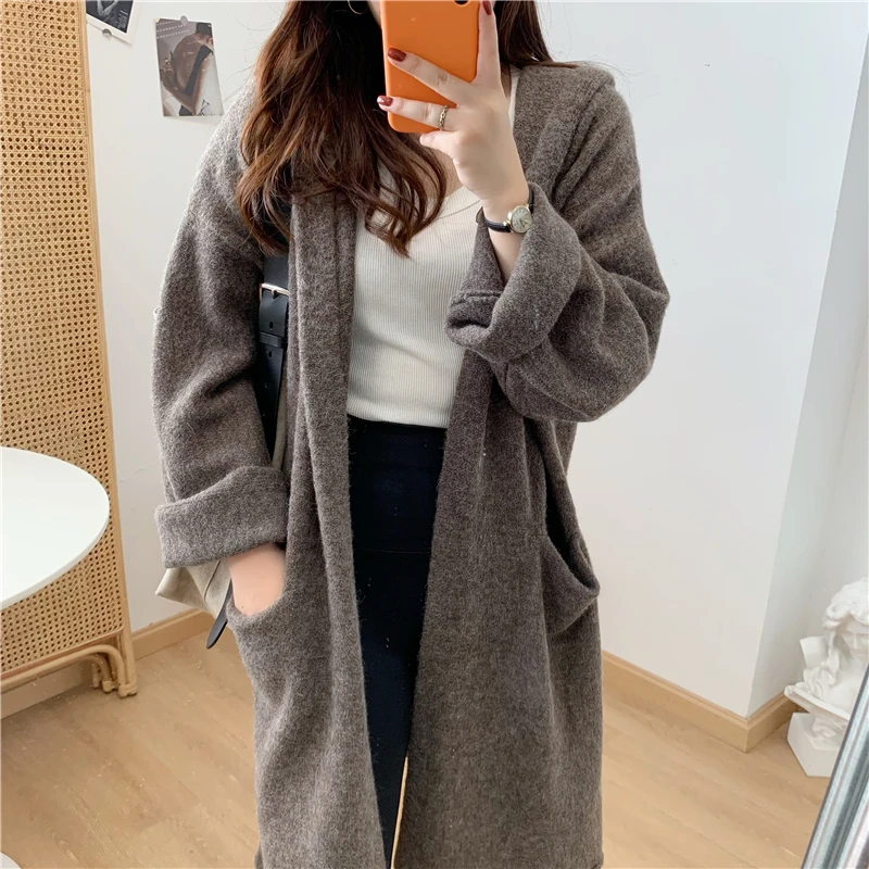 

2023 Spring Fall Lazy V-neck Oversize Long Sweater Cardigans With Pocket New Women Sweater Korea Hoodied Knitwear Coat KK02
