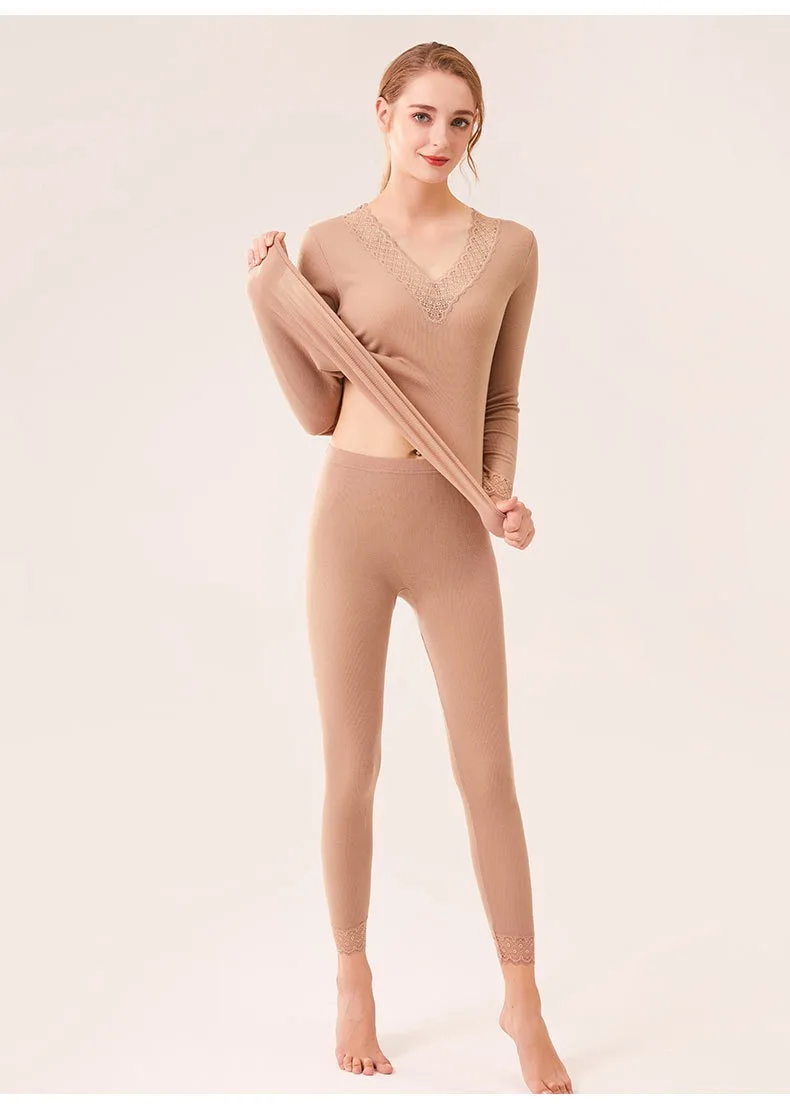 silvery Ayaragi Women Autumn Winter Wool Long Johns 82%Wool 18%Silk Lace V neck Solid Knitted Thermal Underwear Khaki Pink