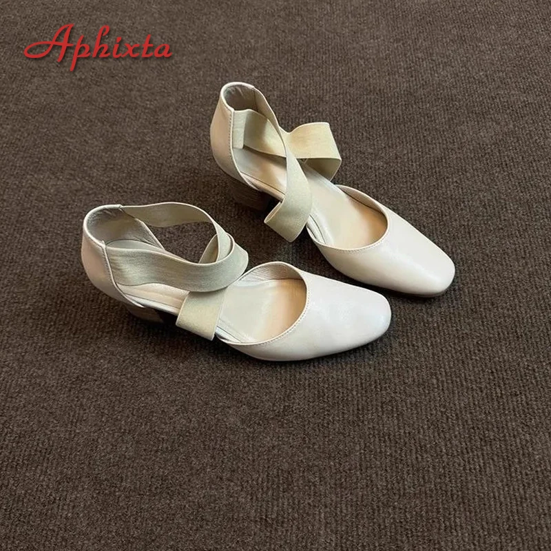 Aphixta Round Tou Ballet Shoes 7CM Square High Heels Woman Shoes Pumps Cross Elastic Band Shallow Woman zapatos de mujer