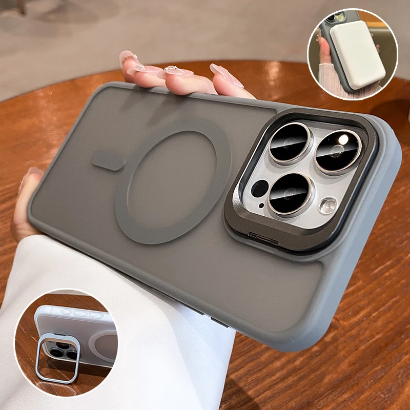 Metal Camera Kickstand with Magsafe-Compatible Wireless Charging and Matte Shockproof Cover
