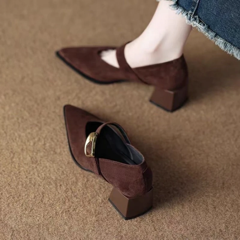 Aphixta Mid Heel Pumps Metal Duckle Spring Autumn Shoes Elegant Women Mary Janes Shoes Cow Suede Square Heel Shallow Woman Shoes