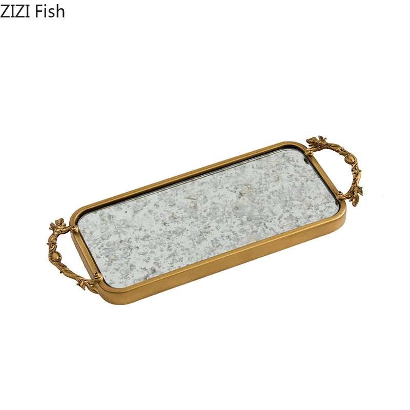 Golden Mirror Glass Tray Decorative Branch Storage Trays Dressing Table Jewelry Necklace Display Plate Cosmetics Organizer 6