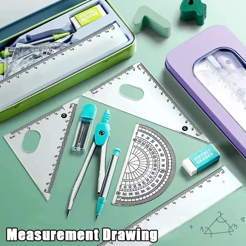 7Pcs/Set Ruler Compass Pencil Set Geometry Math Student Drawing Stationery Mathematical for Boy Girl Gift Kawaii School Supplies drafting set mathematical rulers set drawing tool set