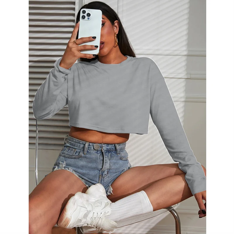 Damen Crop Top T-Shirts Einfarbig Dünn Locker Sitzend Rundhals Drop-Shoulder Ärmel Top T-Shirts Yoga Basis-Tees Party Club Street Outfit
