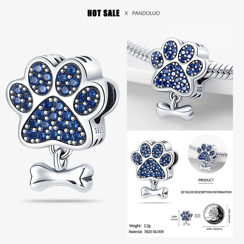 Pulsera De Pata De Perro Para Mujer, Plata De Ley 925, Con Estampado De