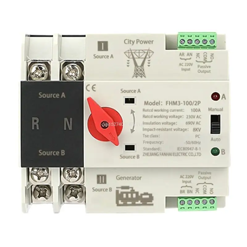 2P 100A Automatic Transfer Electrical Selector Switches Din Mount Double Power Switches Generator Changeover