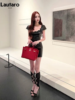 Lautaro Spring Summer Short Black Soft Fitted Faux Leather Mini Dresses for Woman Three-dimensional Flower Elegant Clothing 2026 1