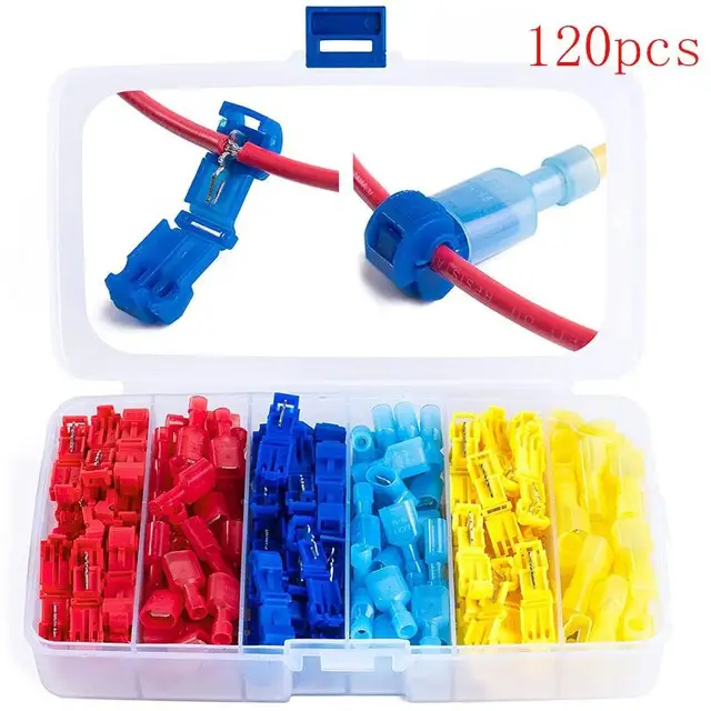 120 Pieces/Box Quick Cable Connectors Snap-Lock Wire Terminals Crimp T-Type Connector Wire Connector Combo Kit