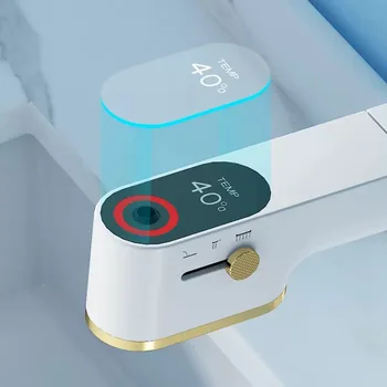 ก๊อกน้ําอ่างล้างหน้าแบบดึงออกแบบหมุนได้จอแสดงผลดิจิตอลสีเทาปืนพร้อมหัวฝักบัวและน้ําเย็นและน้ําร้อนที่ปรับได้ 2