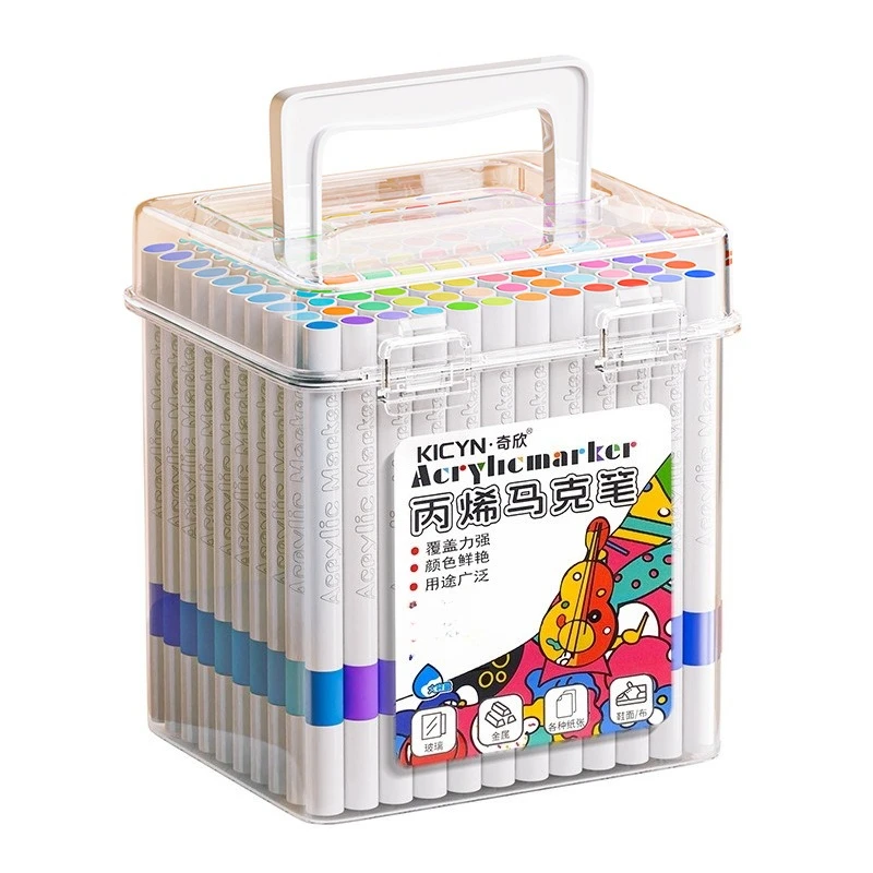 Water-Washable, Non-Bleeding, Layerable Acrylic Markers for Primary School Students - Waterproof, Bucket-Packaged Colored Pens - 6