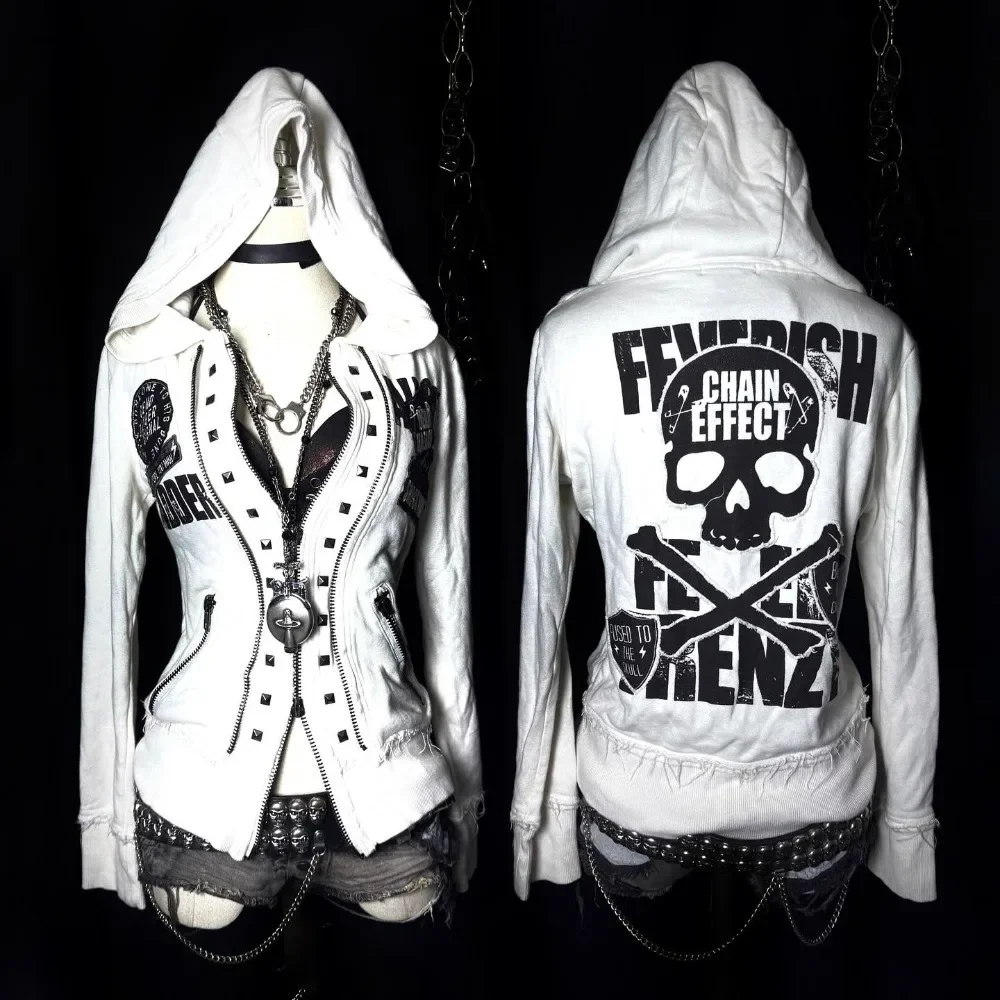 White Womens Autumn Winter Jacket Y2K Gothic Emo Slim Fit Sweatshirt Rivet Zipper Hoodie Harajuku Vintage Skull Graphic Print