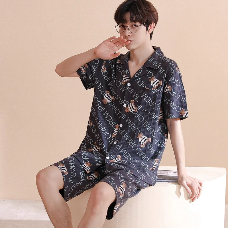 Summer Mens Cardigan Sleepwear High Quality Pajamas Set For Male Young Boy Short Sleeves Shorts Pijamas Home Clothes Freeship qweek pajamas for teen girls korean style plaid lapel pyjamas set summer night homesuit pijamas sleepwear home clothes cute