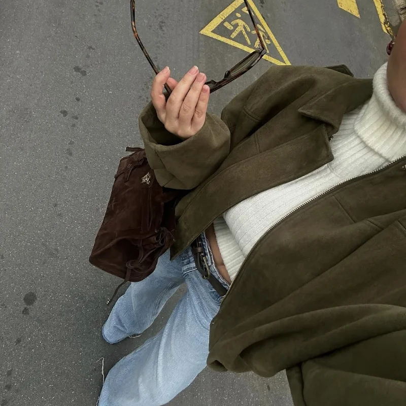 Women Green Suede Leather Jacket 2025 Fashion Oversized Full Sleeve Lapel Bomber Coat Female High Street Outerwears New Spring