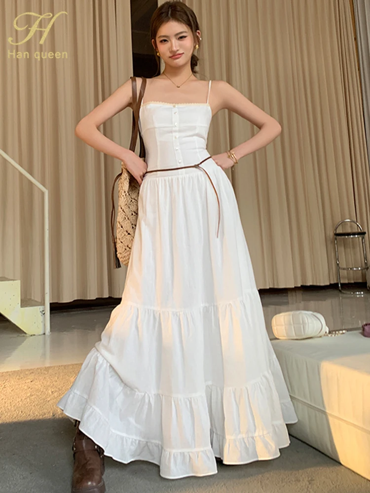 H Han Queen New Summer Sleeveless White Pure Cotton Strap