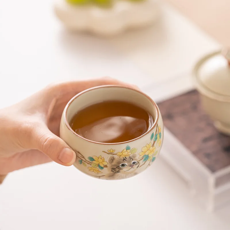 Ru Kiln Cute Cat Teacup Cute Ceramic Tea Cup Chinese Kung Fu Gongfu Tea Set Single Master Cup Chazhan Can Teaware Drinkware