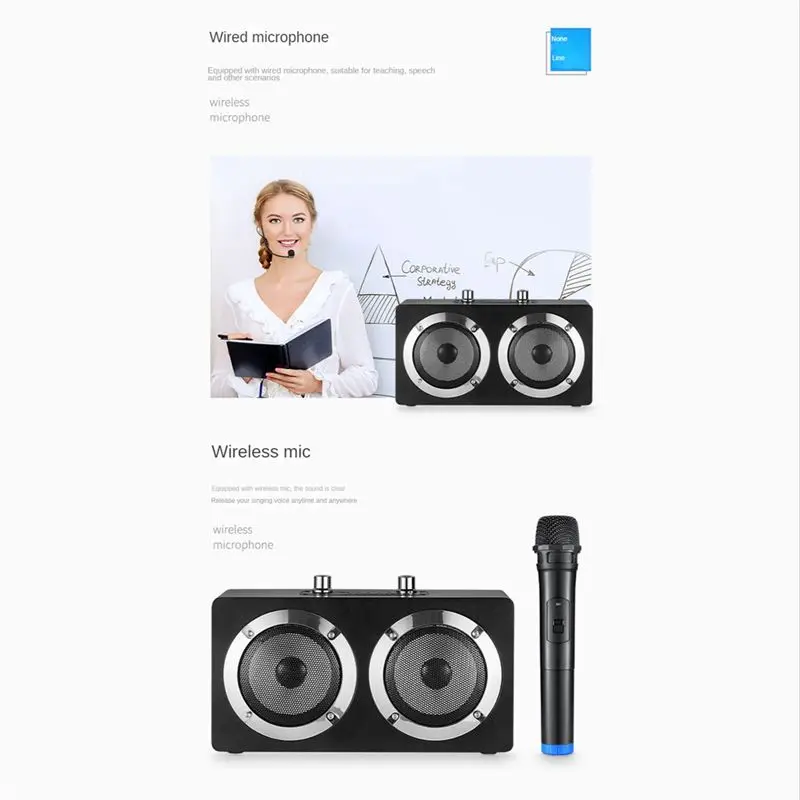 휴대용 블루투스 홈 시어터 무선 나무 스피커 마이크로폰 TF FM 라디오 앰프 고음질 플레이어 블랙