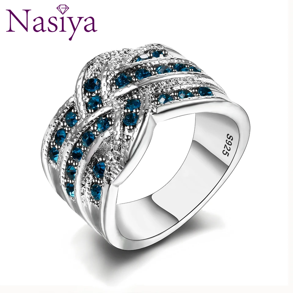 Jewelry Luxury Party Queen Aquamarine Finger Rings for Women Silver Color Jewelry Wedding Engagement Ring Gift
