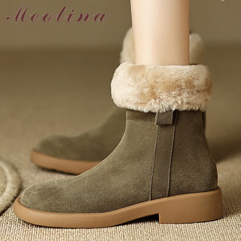 

Meotina Women Genuine Leather Ankle Snow Boots Round Toe Flat Ladies Cow Suede Fashion Short Boot Winter Autumn Shoes Black