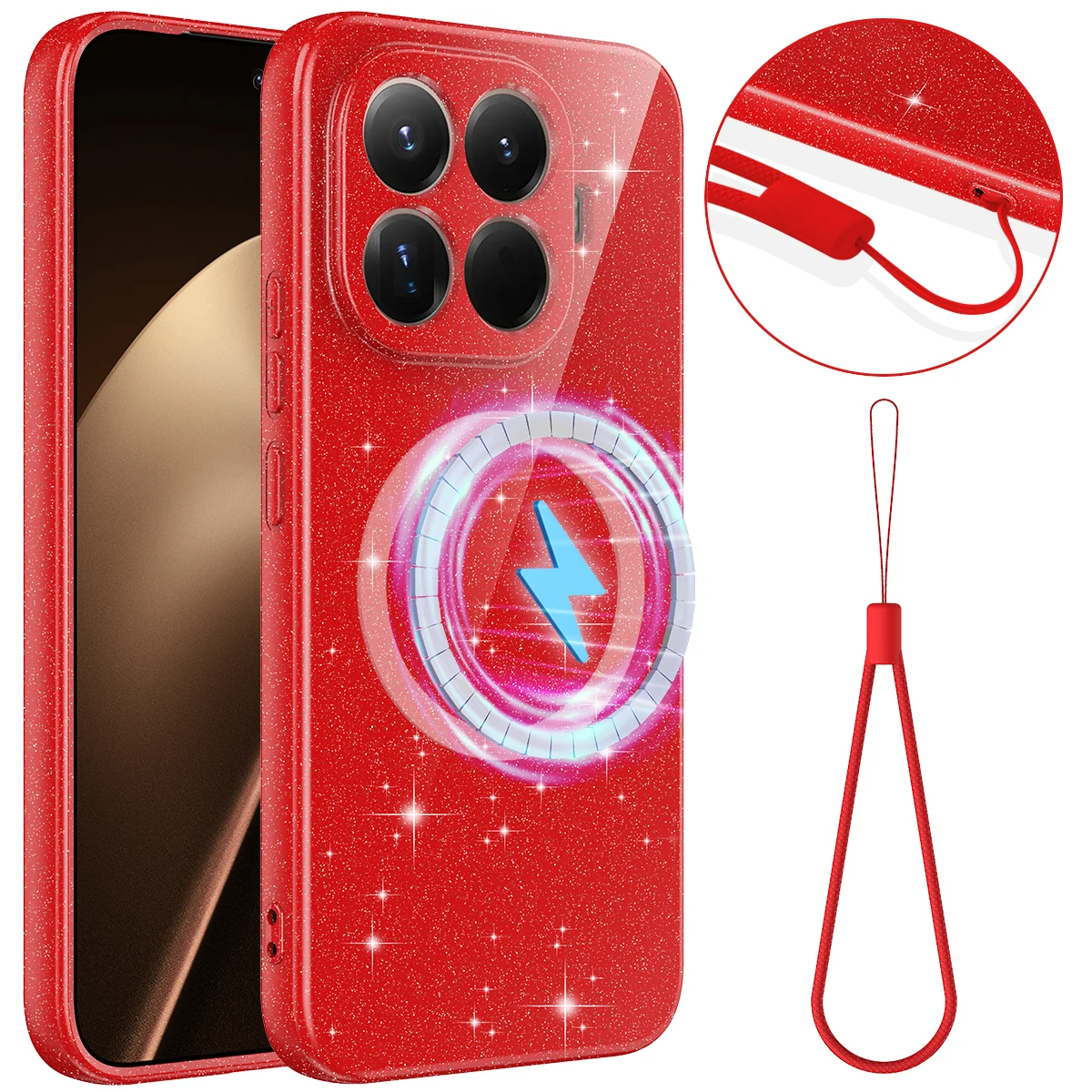 Glossy Glitter Liquid Silicone Shockproof Case with Lanyard and Built-in Magnetic