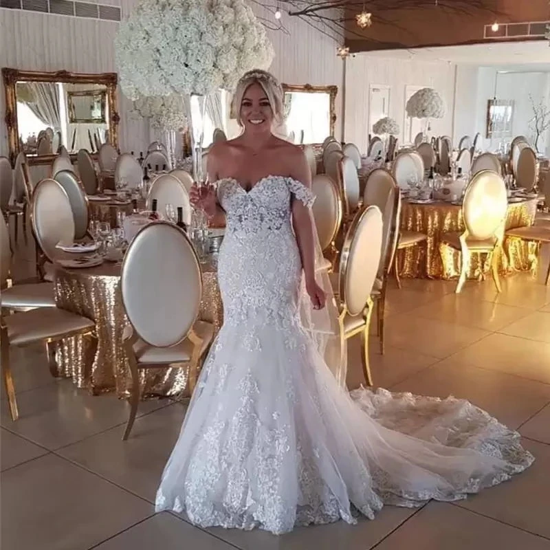 

2023 Designer Lace Wedding Dresses Mermaid Off The Shoulder Sweep Train Plus Size Bridal Gows Robe De Soiree Country Church