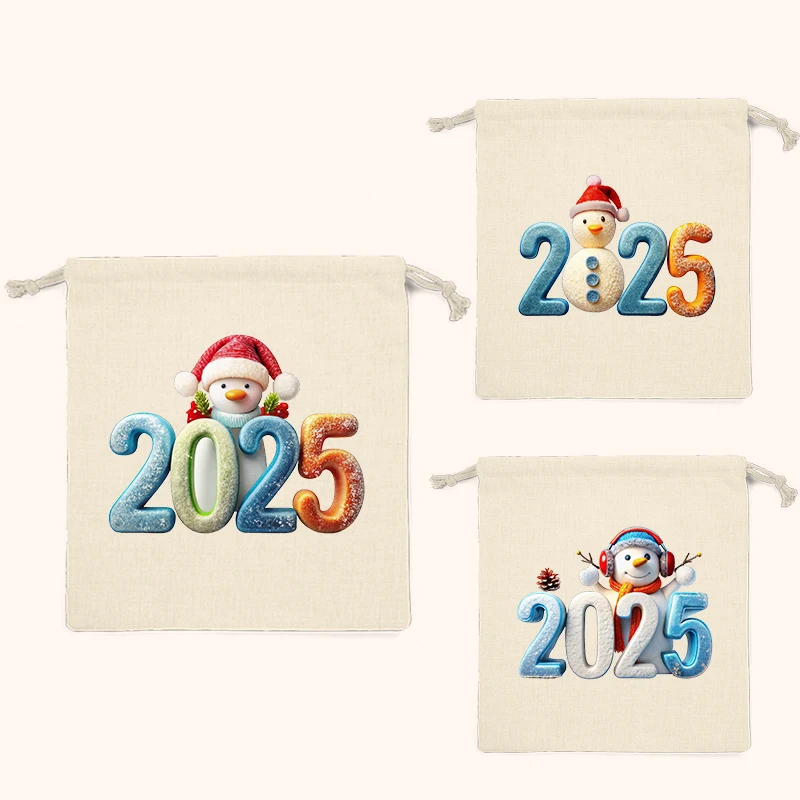 Christmas snowman reusable drawstring bag cotton bundle pocket printed Christmas design 10 pieces
