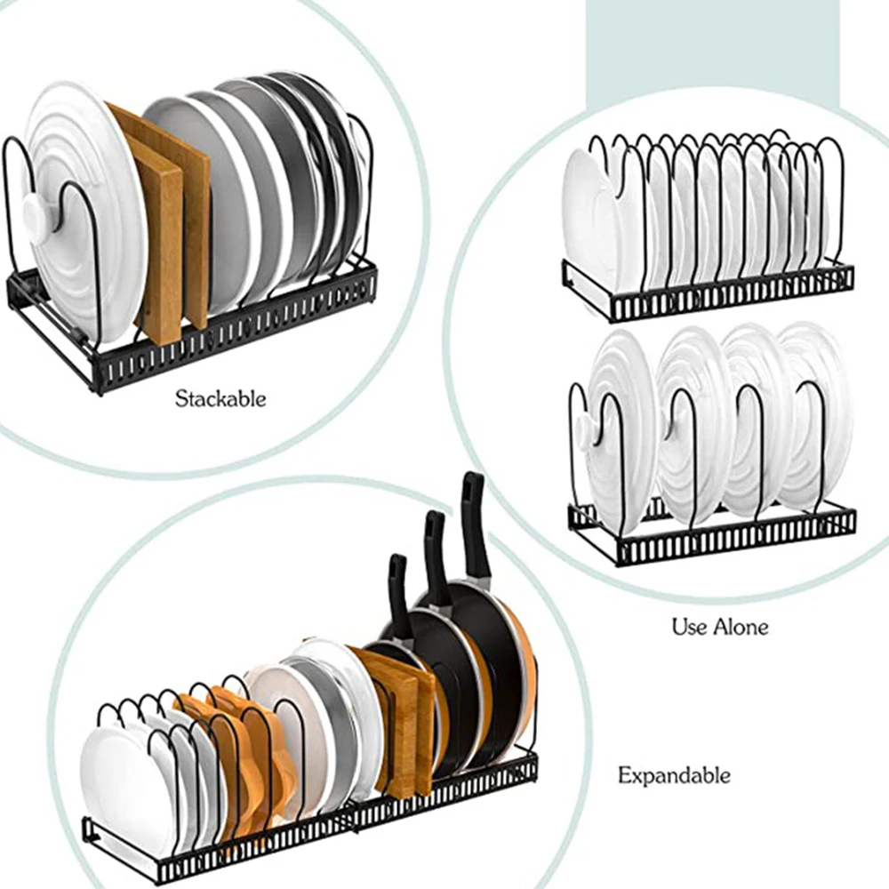 Porte-casseroles Support en Acier Inoxydable rangement cuisine avec 10  Compartiments Réglables Parfaite pour Les Ustensiles de Cuisines Poêles,  Casseroles, Couvercles (Noir)